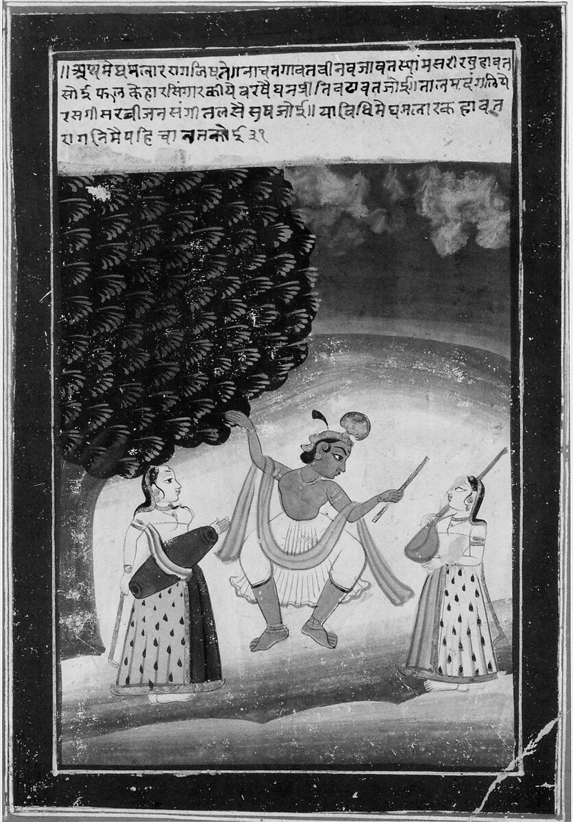Krishna Dancing with Two Attendant Female Musicians, Colors and gold on paper, India 