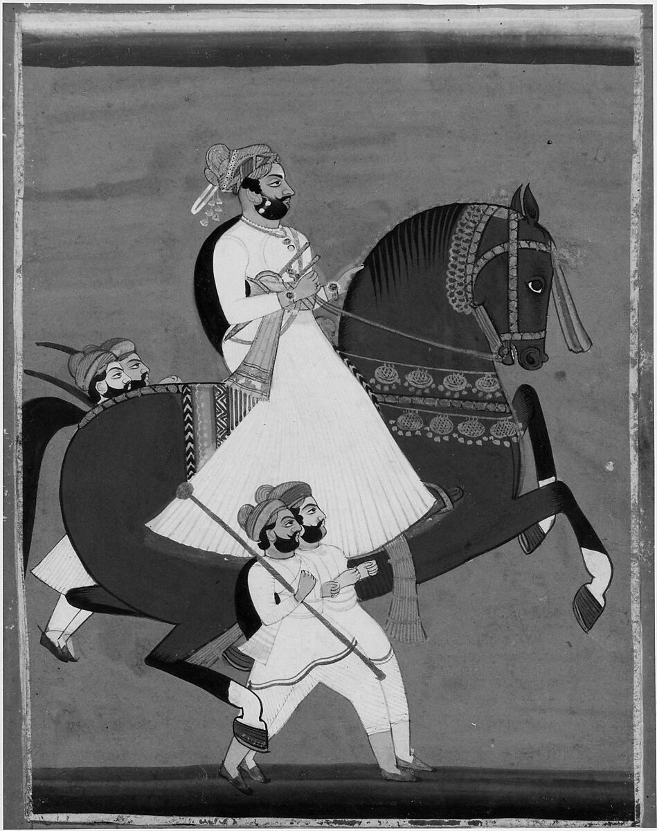 Raja on Horseback Accompanied by His Favorite Attendants, Colors, silver and gold on paper, India 