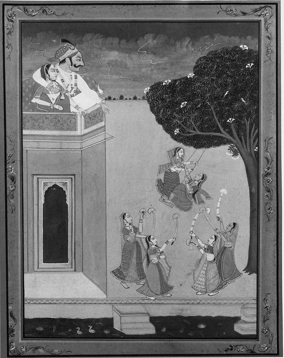 Princely Couple on Balcony Watching Maidens on Swing and Dancers, Colors on gold on paper, India 