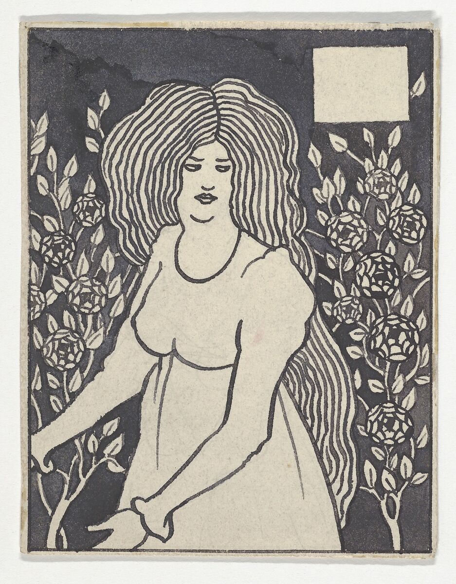 Long-haired Woman in Front of Tall Rosebushes (Chapter Heading, "Le Morte d'Arthur," J. M. Dent, 1893–4, Part IX, book xiii, chapter viii, p. 700, and Part XII, book xxi, chapter viii, p. 972), Aubrey Vincent Beardsley (British, Brighton, Sussex 1872–1898 Menton), Pen and carbon black ink, brush and wash, over graphite 