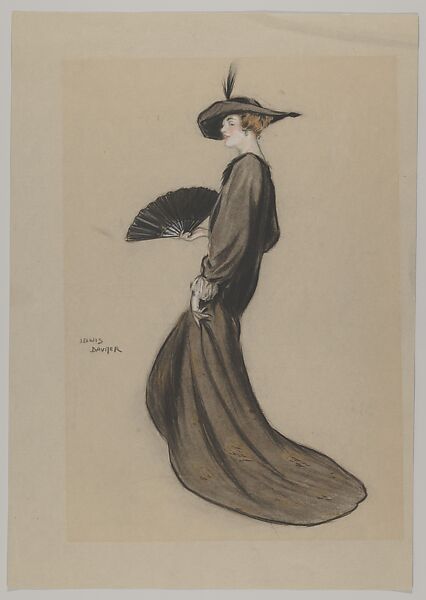 Woman Wearing a Trailing Black Coat and Carrying a Fan, Lewis Baumer (British, 1870–1963), Black, white and colored chalk or pastel on gray paper 