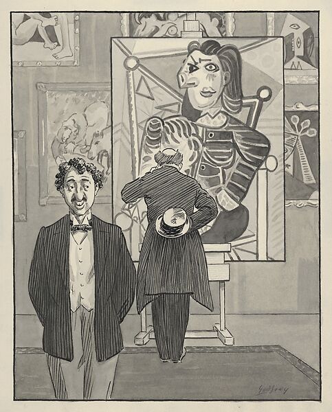 Caricature of Two Formally Dressed Men Visiting an Exhibition of Paintings by Picasso, Godfrey (British, active 1930s), Pen and black ink, brush and gray wash 