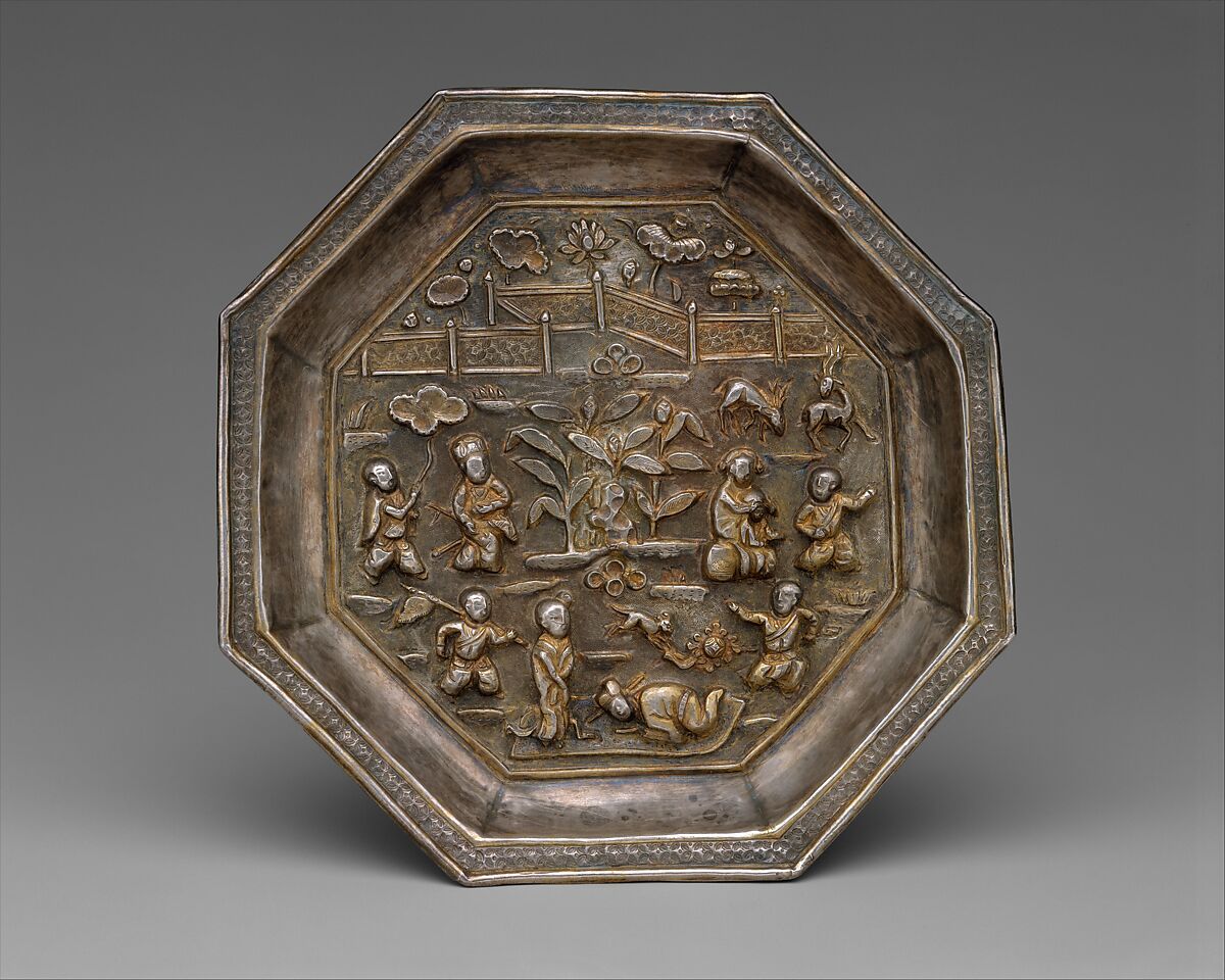 Dish with children playing in a garden, Silver with repoussé decoration and gilding, China