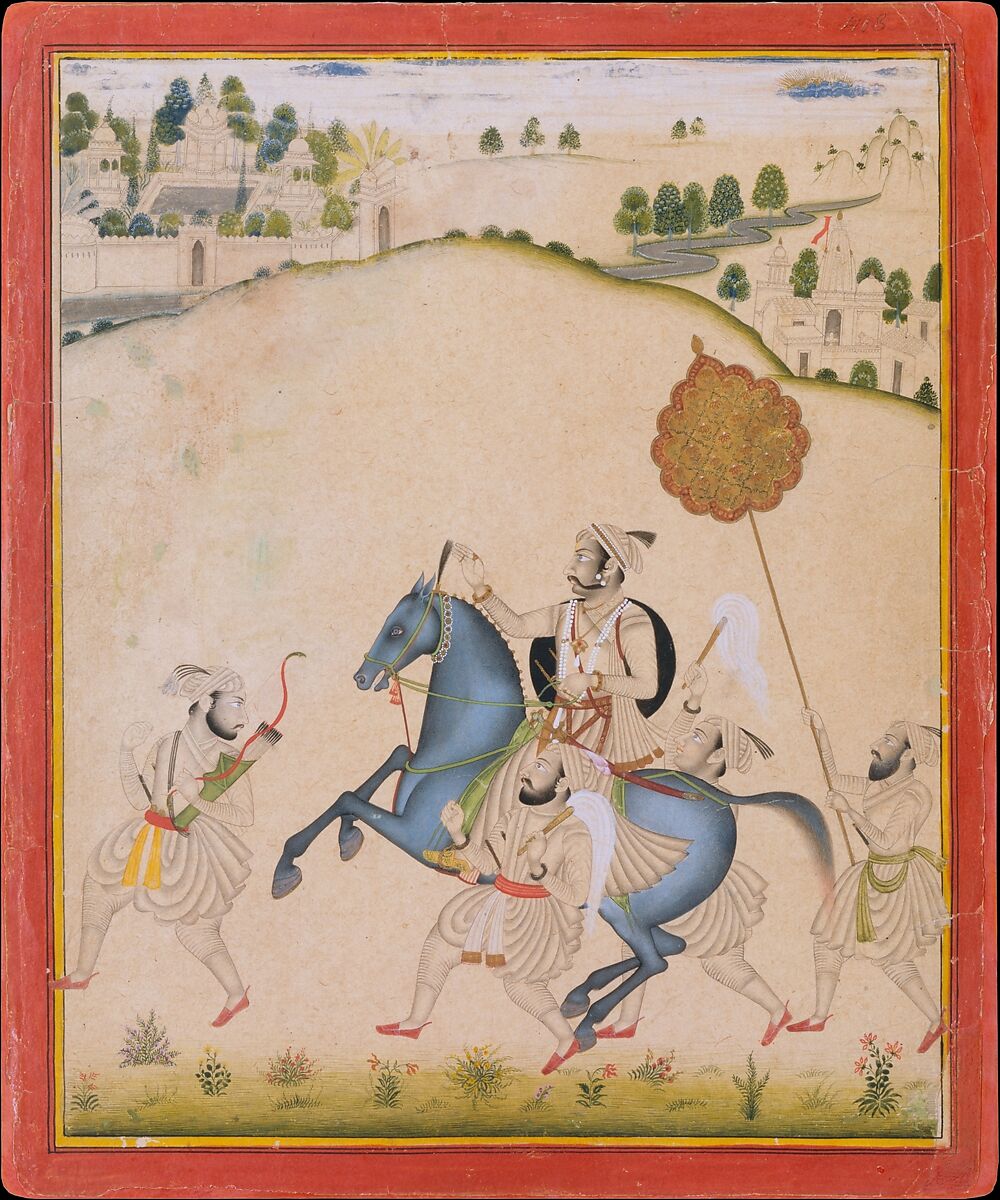 Maharana Amar Singh II Riding a Jodhpur Horse, Attributed to Stipple Master (Indian, active ca. 1690–1715), Opaque watercolor and ink on paper, Western India, Rajasthan, Udaipur 