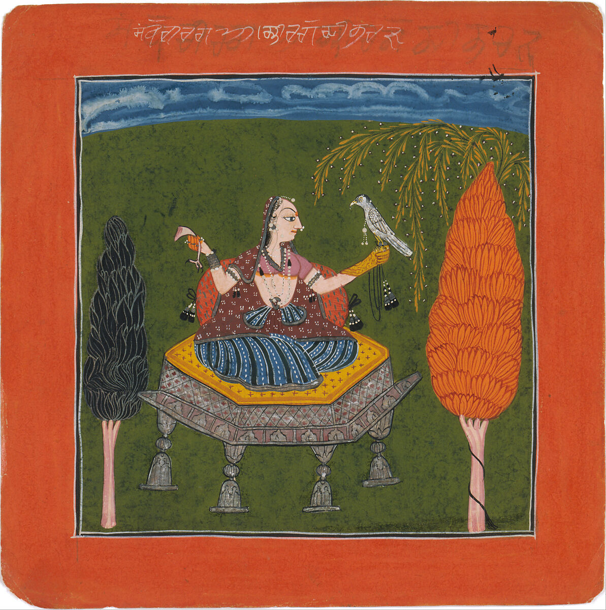 Sanveri Ragini, Page from a Ragamala Series (Garland of Musical Modes), Ink, opaque watercolor, and silver on paper, India (Himachal Pradesh, possibly Basohli or Nurpur) 