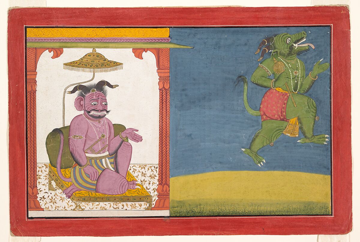 The Demon Hiranyaksha Departs the Demon Palace: Folio from a Bhagavata Purana Series, Opaque watercolor, ink and gold on paper, Northern India, Guler, Himachal Pradesh 