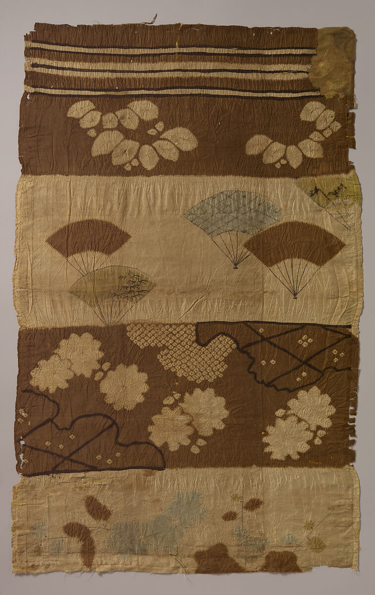 Tsujigahana Textile with Horizontal Stripes, Flowering Plants, Fans, Snowflakes, Clouds, and Bellflowers, Plain-weave silk with resist dyeing and ink painting, Japan 