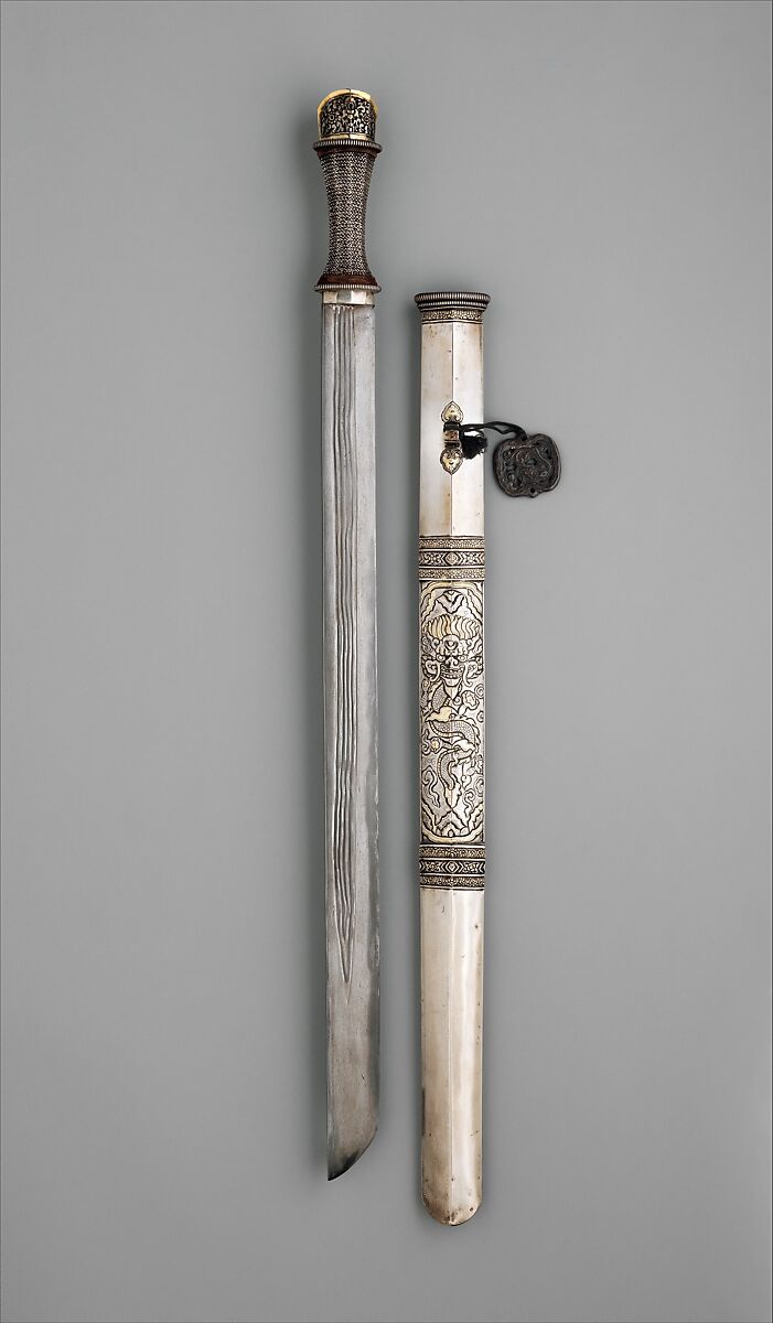 Sword and Scabbard (dpa’ rtags), Steel, silver, gold, copper alloy, wood, Bhutanese 