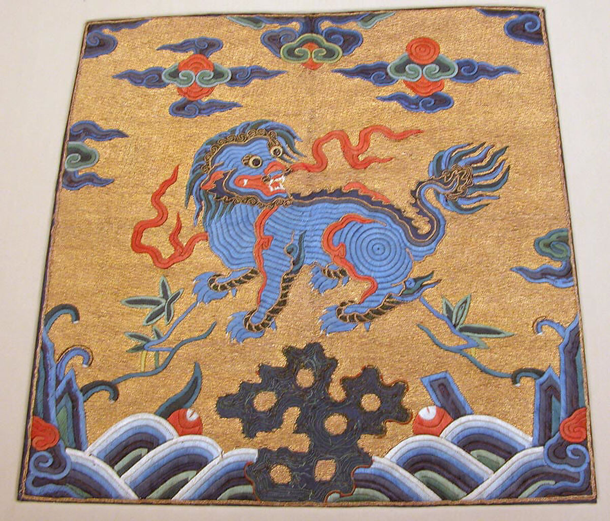 Rank Badge with Lion, Silk, feather, and metallic thread embroidery, China 
