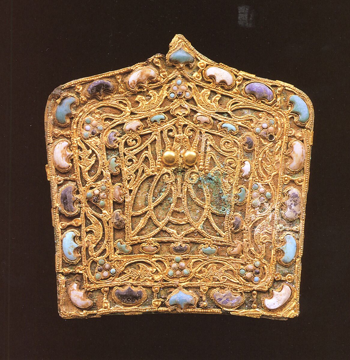 Ornamental Plaque, Gilt bronze, gold, lapis lazuli, turquoise, and white coral, China