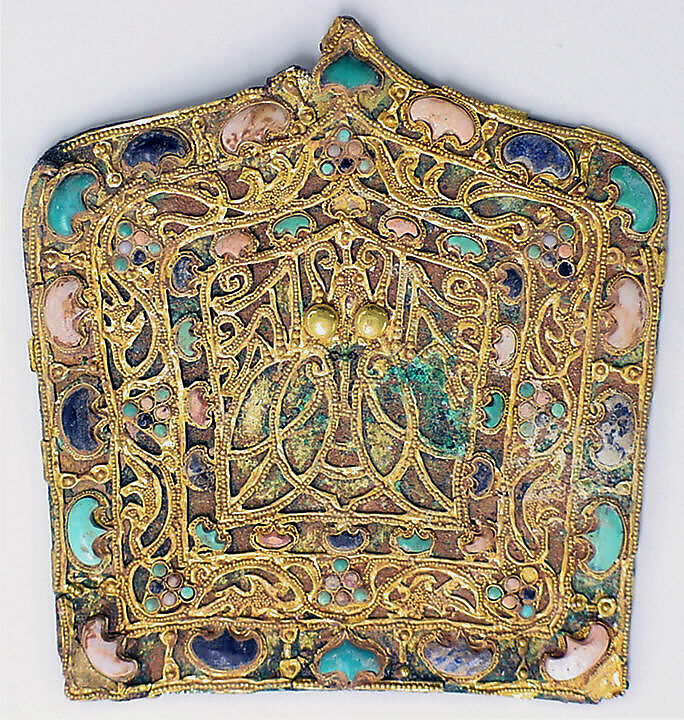 Ornamental Plaque, Gilt bronze, gold, lapis lazuli, turquoise, and white coral, China