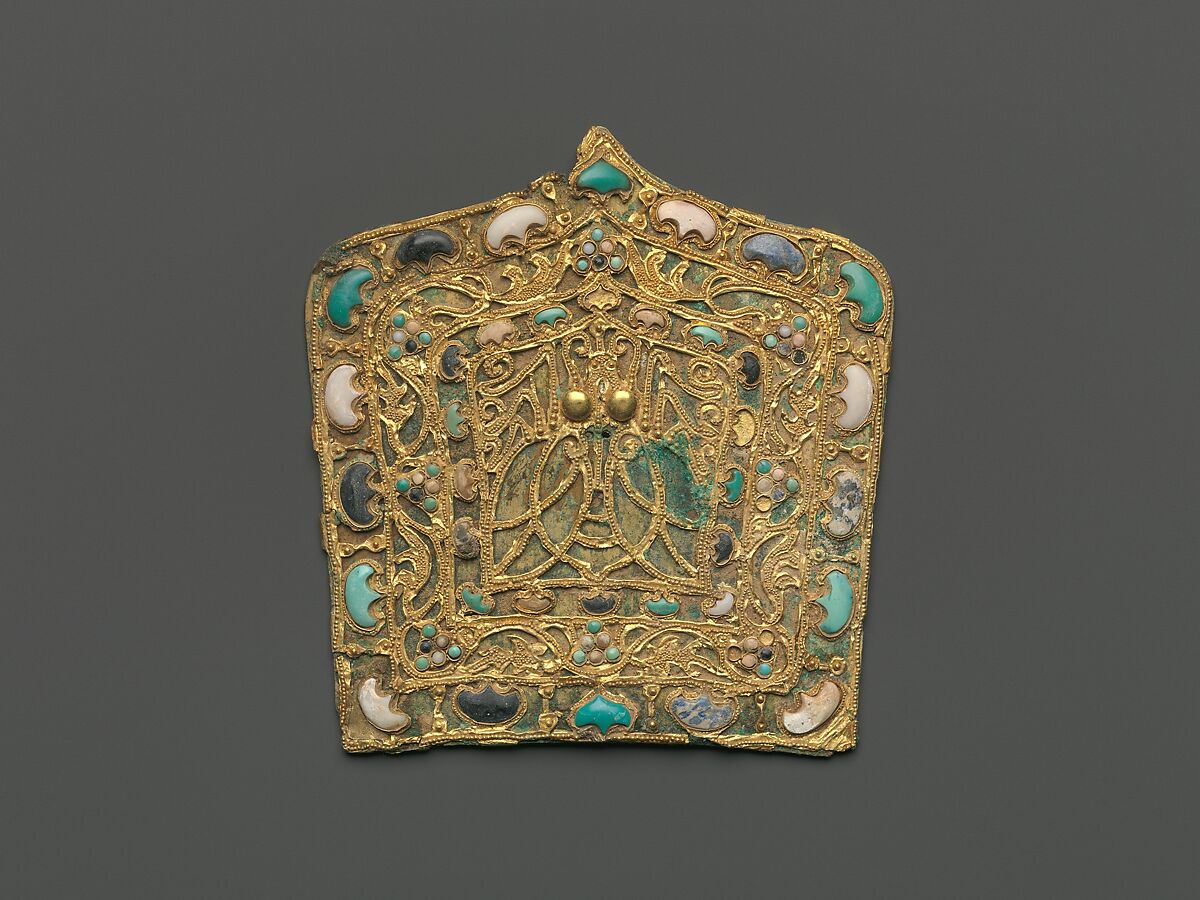 Ornamental Plaque, Gilt bronze, gold, lapis lazuli, turquoise, and white coral, China 