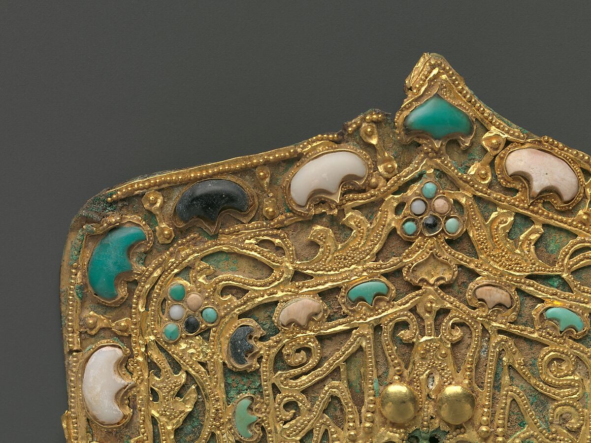 Ornamental Plaque, Gilt bronze, gold, lapis lazuli, turquoise, and white coral, China