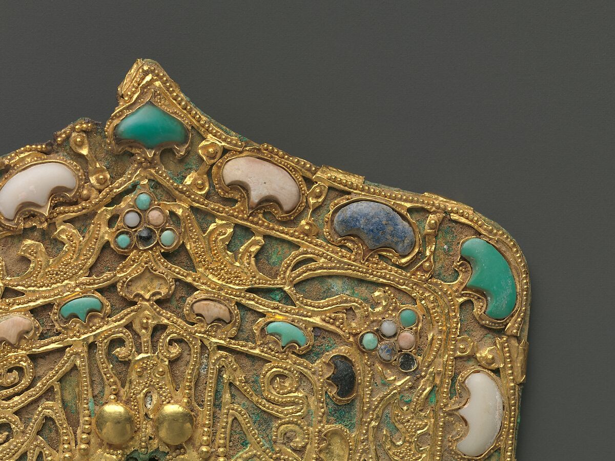 Ornamental Plaque, Gilt bronze, gold, lapis lazuli, turquoise, and white coral, China