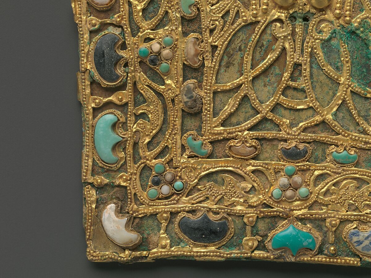 Ornamental Plaque, Gilt bronze, gold, lapis lazuli, turquoise, and white coral, China