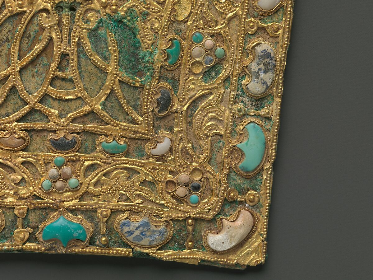 Ornamental Plaque, Gilt bronze, gold, lapis lazuli, turquoise, and white coral, China