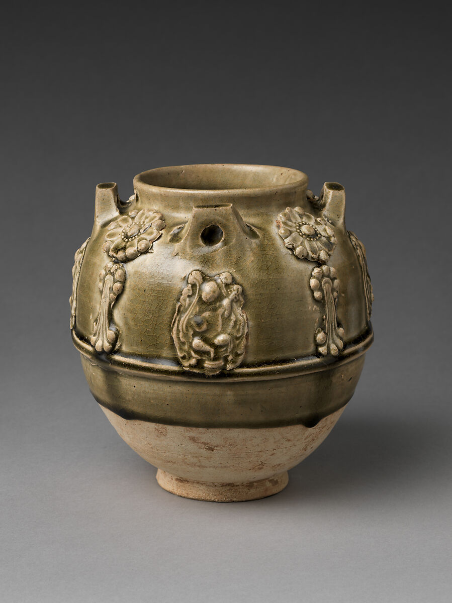 Jar with floral decorations and musicians, Stoneware with applied decoration under celadon glaze, China