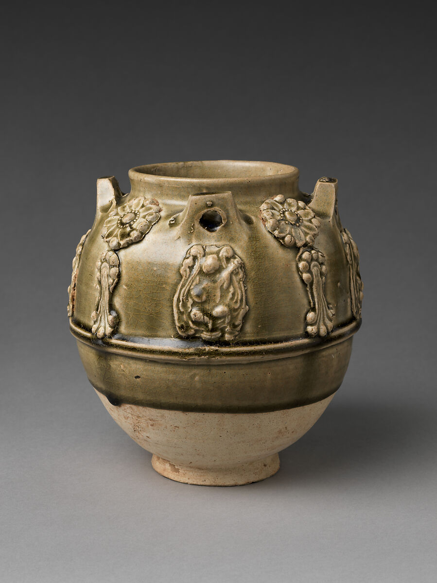Jar with floral decorations and musicians, Stoneware with applied decoration under celadon glaze, China