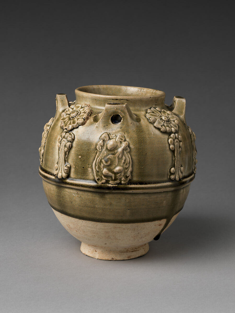 Jar with floral decorations and musicians, Stoneware with applied decoration under celadon glaze, China