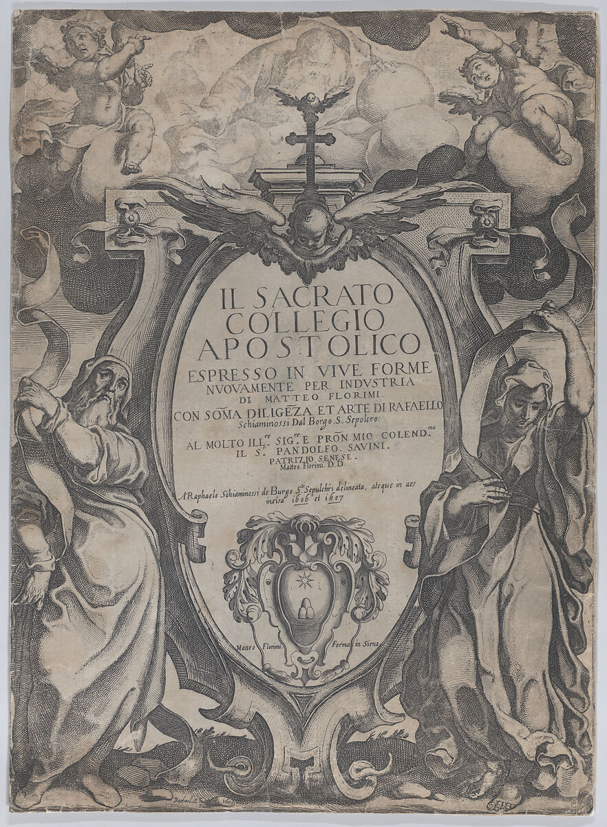 Frontispiece with two figures holding scrolls and cherubs flanking the cartouche at center, from 'The Consecrated  Apostolic College' (Il sacrato collegio apostolico), Raffaello Schiaminossi (Italian, Borgo San Sepolcro (Sansepolcro) 1572–1622 Borgo San Sepolcro (Sansepolcro)), Etching 