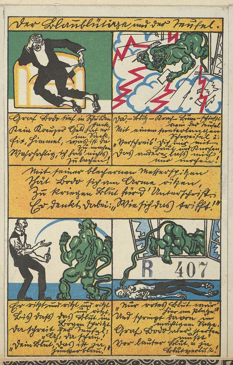The Blue-Blooded Man and the Devil (Der Blaublütige und der Teufel), Moriz Jung (Austrian (born Czechoslovakia) Moravia 1885–1915 Manilowa (Carpathians)), Color lithograph 