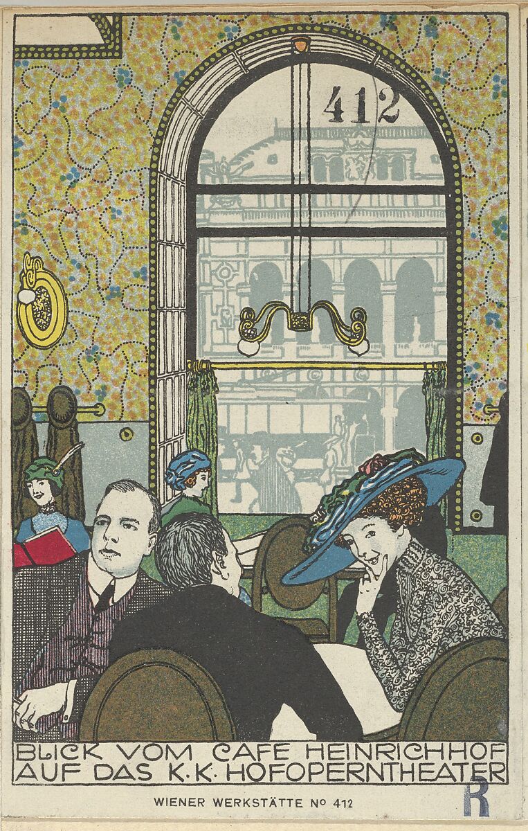 View from Café Heinrichhof of the Imperial and Royal Court Opera Theater (Blick vom Cafe Heinrichhof auf das K.K. Hofoperntheater), Gustav Kalhammer (Austrian, Vienna 1886–1919/20 (?) Vienna), Color lithograph 