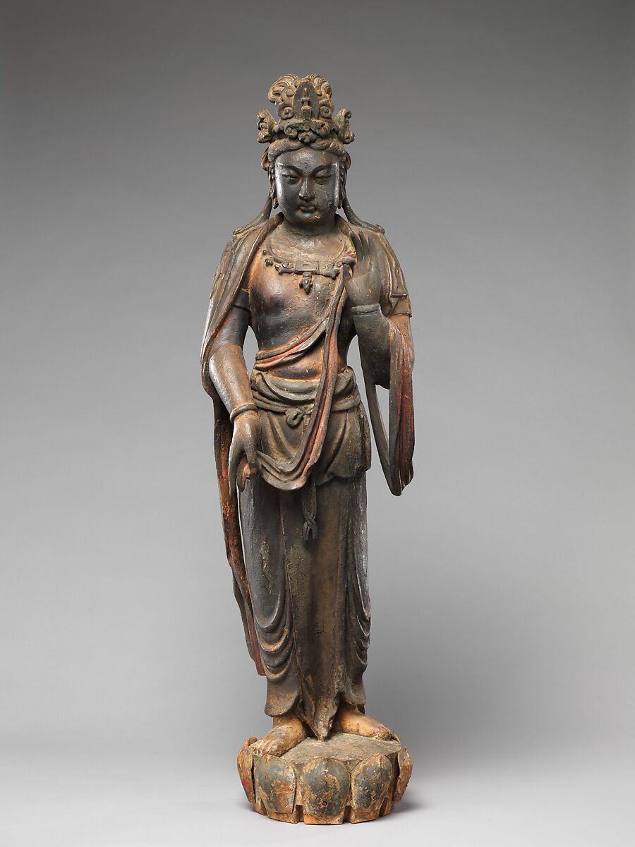 Bodhisattva Mahasthamaprapta (Dashizhi), Wood (willow) with traces of pigment and gilding, single-woodblock construction, China 