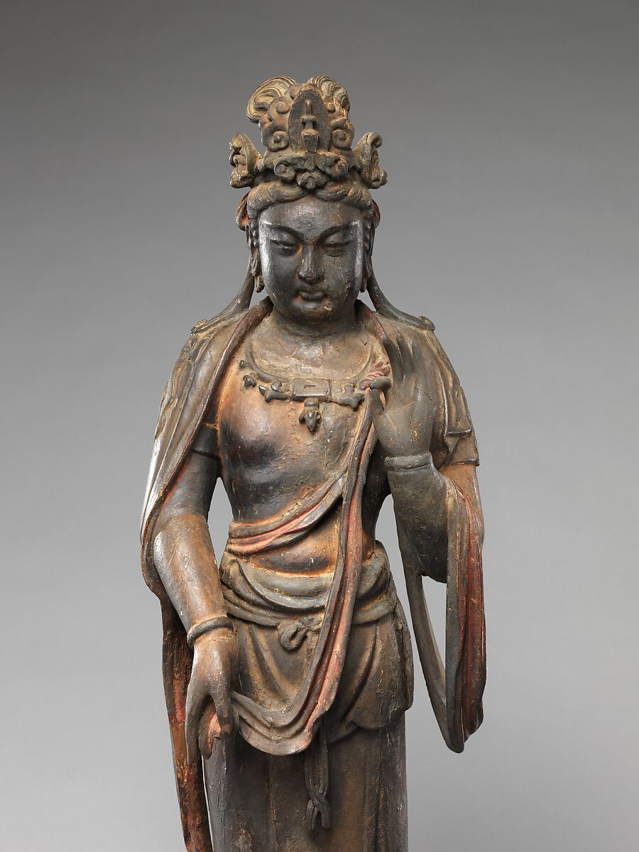 Bodhisattva Mahasthamaprapta (Dashizhi), Wood (willow) with traces of pigment and gilding, single-woodblock construction, China