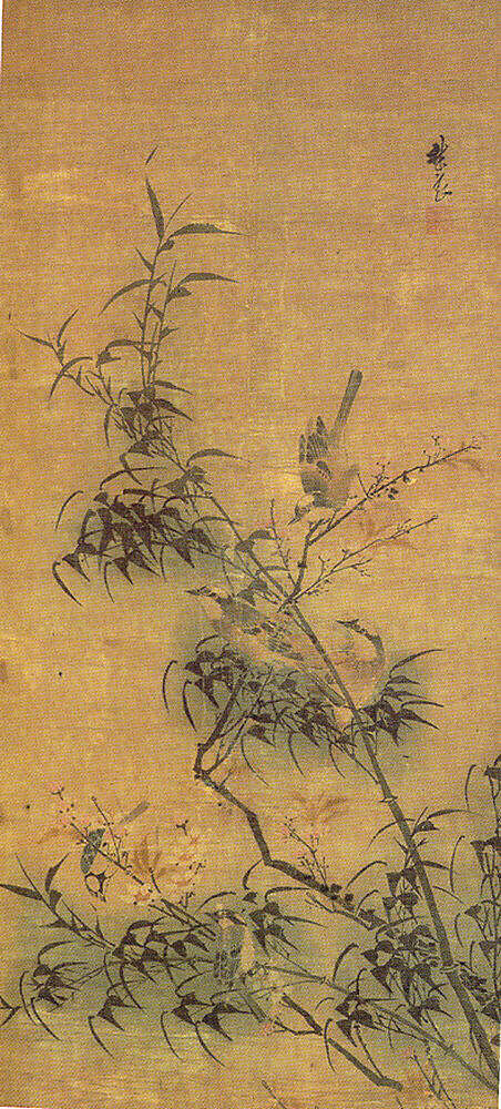 Birds Amidst Blossoming Plum and Bamboo, After Lin Liang (Chinese, ca. 1416–1480), Hanging scroll; ink and color on silk, China 