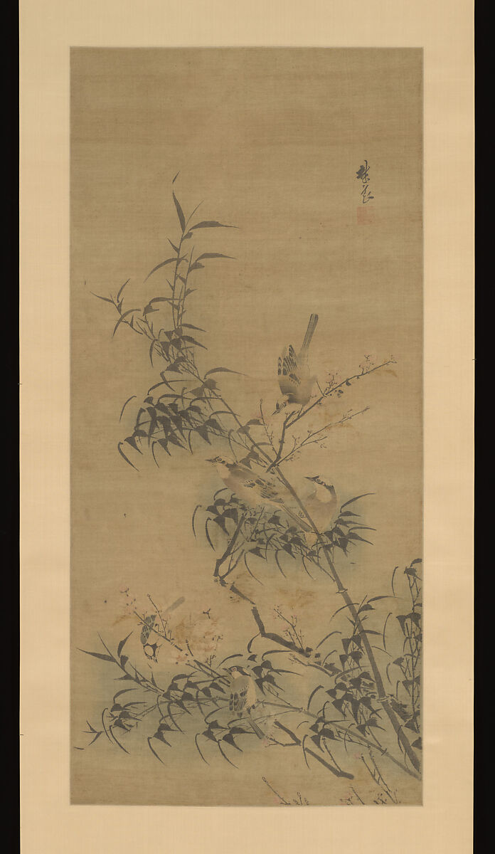 Birds Amidst Blossoming Plum and Bamboo, After Lin Liang (Chinese, ca. 1416–1480), Hanging scroll; ink and color on silk, China 