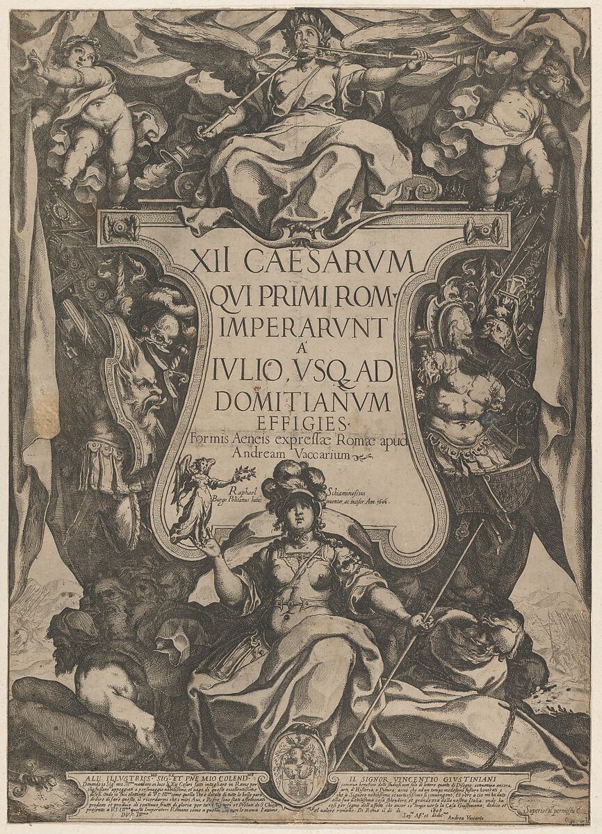 Frontispiece with a trumpeter sounding trumpets seated on top of a cartouche flanked by trophies, from 'The Twelve Caesars', Raffaello Schiaminossi (Italian, Borgo San Sepolcro (Sansepolcro) 1572–1622 Borgo San Sepolcro (Sansepolcro)), Etching 