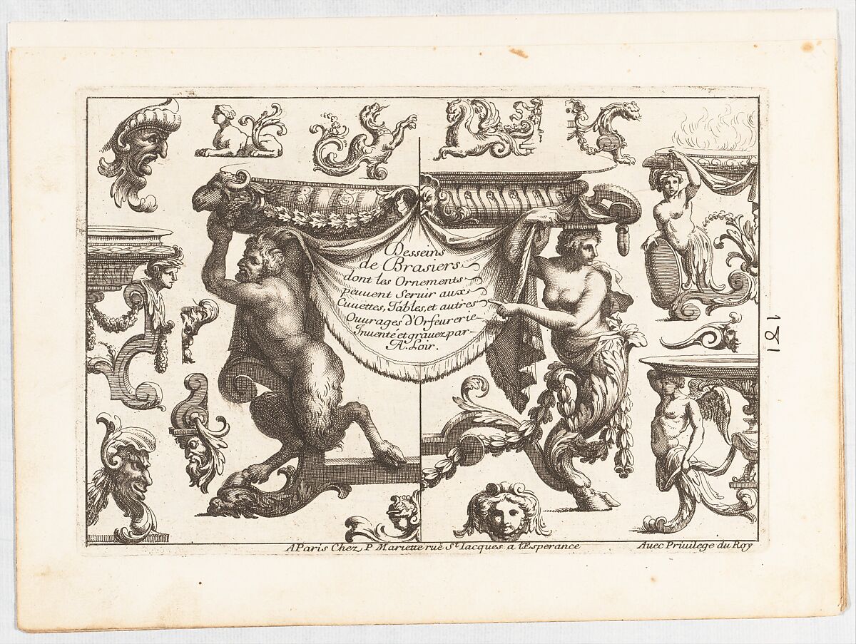 Plate 1, from "Desseins de Brasiers dont les Ornements peuuent Seruir aux Cuuettes, Tables, et autres Ouurages d'Orfeurerie", Alexis Loir (French, 1640–1713), Etching 