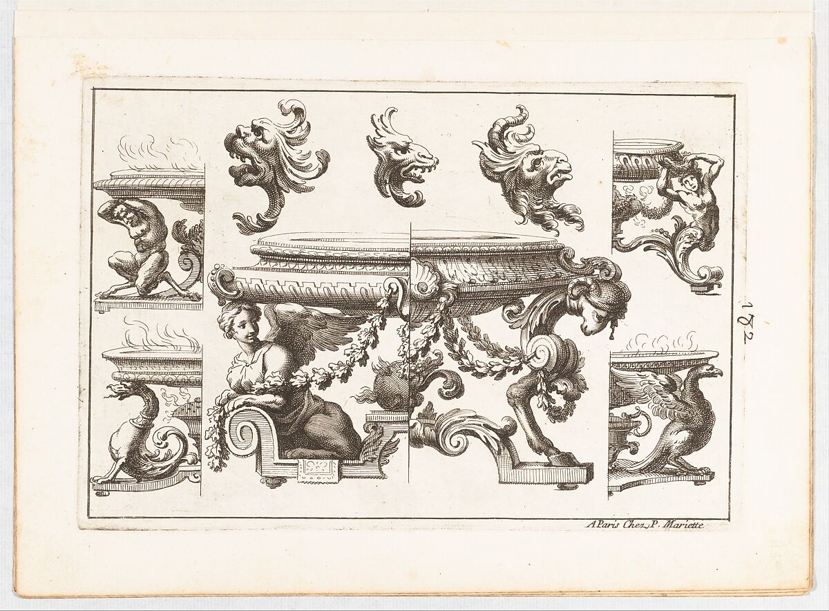 Plate 2, from "Desseins de Brasiers dont les Ornements peuuent Seruir aux Cuuettes, Tables, et autres Ouurages d'Orfeurerie", Alexis Loir (French, 1640–1713), Etching 