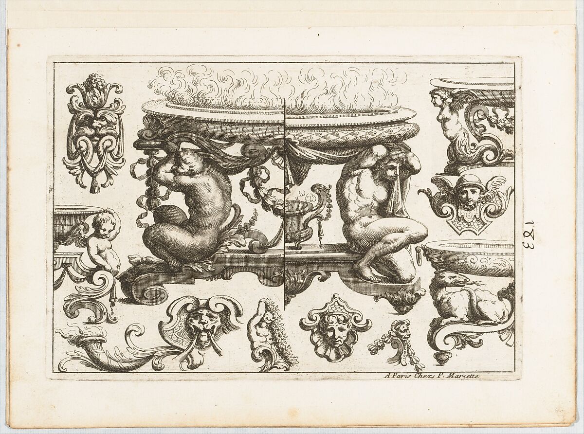 Plate 3, from "Desseins de Brasiers dont les Ornements peuuent Seruir aux Cuuettes, Tables, et autres Ouurages d'Orfeurerie", Alexis Loir (French, 1640–1713), Etching 