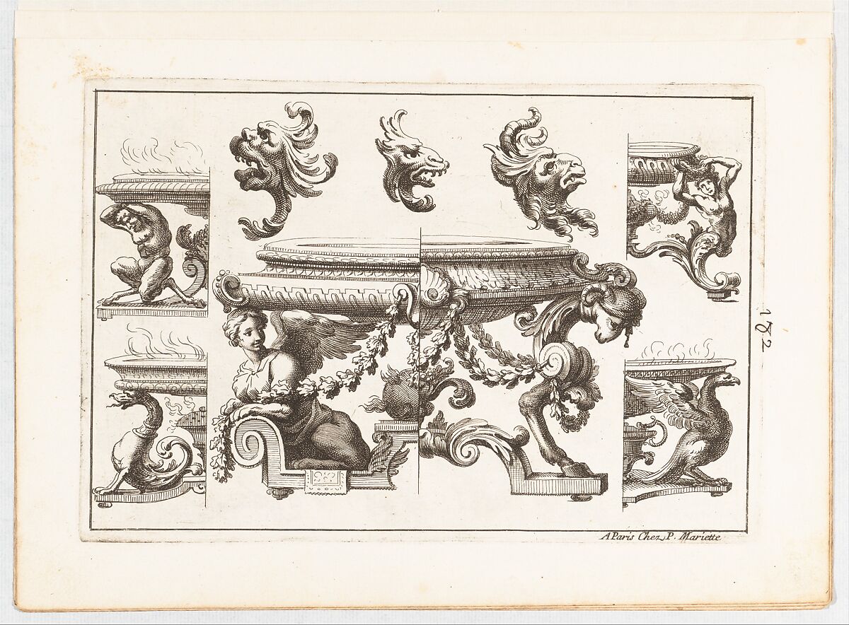 Plate 4, from "Desseins de Brasiers dont les Ornements peuuent Seruir aux Cuuettes, Tables, et autres Ouurages d'Orfeurerie", Alexis Loir (French, 1640–1713), Etching