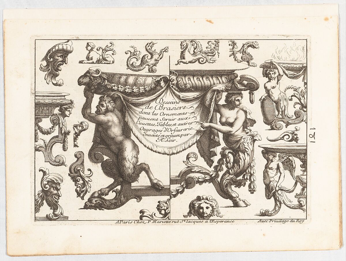 Plate 6, from "Desseins de Brasiers dont les Ornements peuuent Seruir aux Cuuettes, Tables, et autres Ouurages d'Orfeurerie", Alexis Loir (French, 1640–1713), Etching