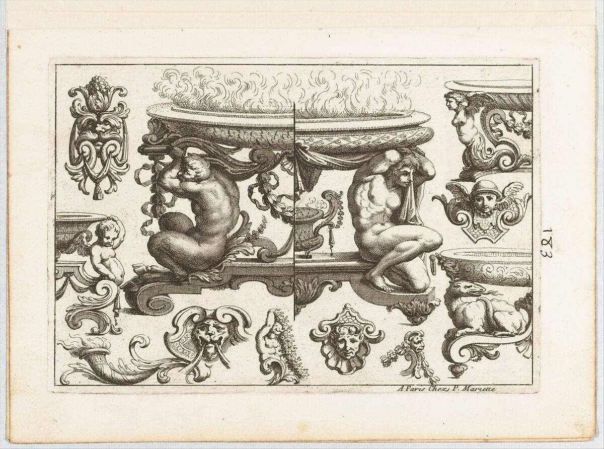 Plate 6, from "Desseins de Brasiers dont les Ornements peuuent Seruir aux Cuuettes, Tables, et autres Ouurages d'Orfeurerie", Alexis Loir (French, 1640–1713), Etching