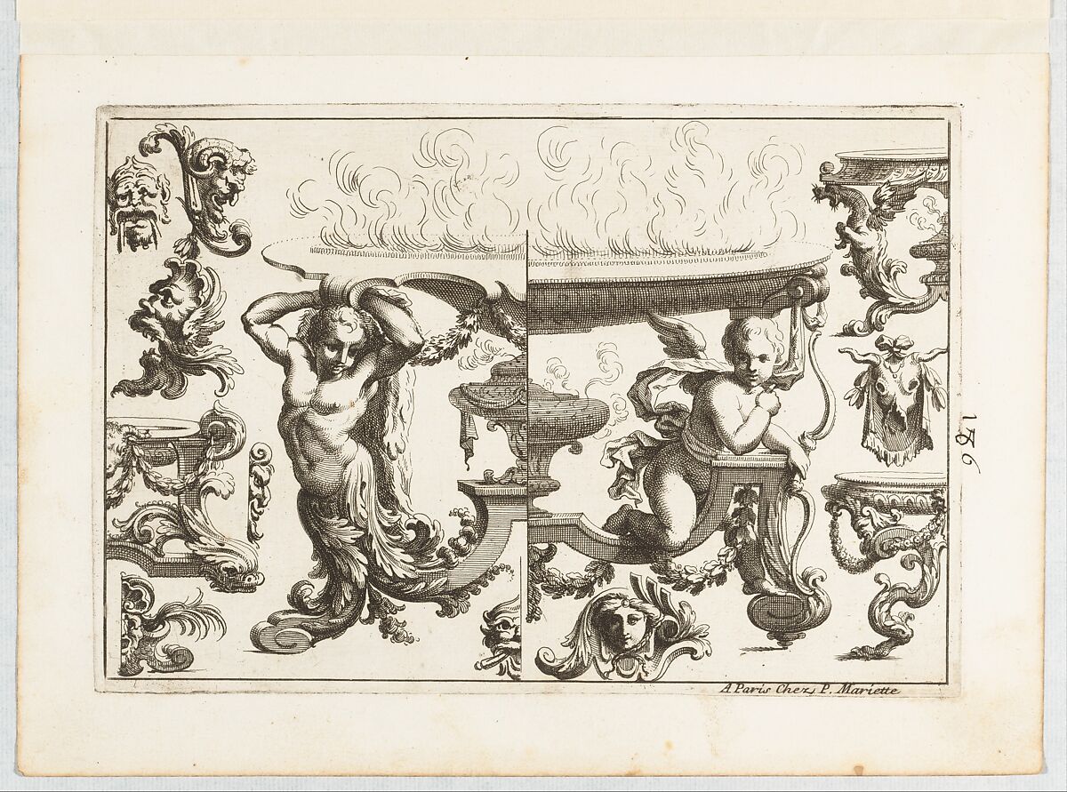 Plate 6, from "Desseins de Brasiers dont les Ornements peuuent Seruir aux Cuuettes, Tables, et autres Ouurages d'Orfeurerie", Alexis Loir (French, 1640–1713), Etching 