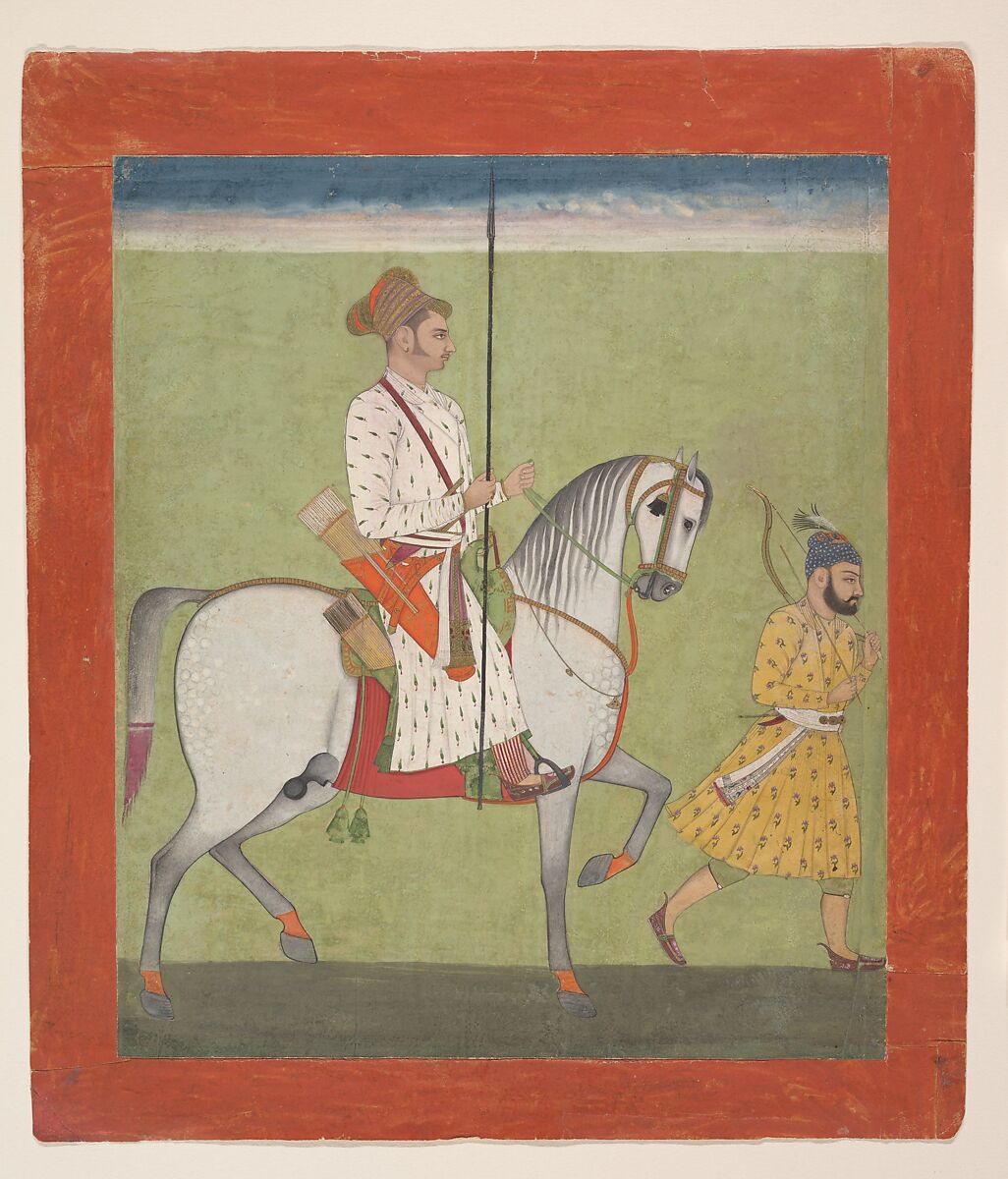 Jhujhar Singh on Horseback, Attributed to Dalchand, Ink, opaque watercolor, and gold on paper, India (Rajasthan, Jodhpur) 