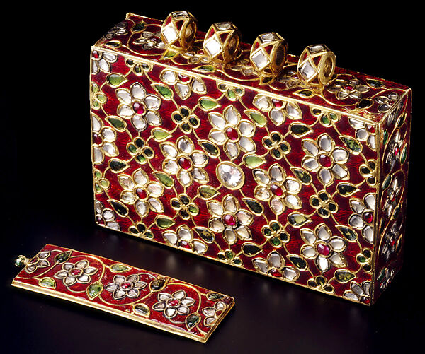 Qur'an Case, Nephrite jade (white, with slight greyish cast), inlaid with gold and set in kundan technique with rubies and emeralds 