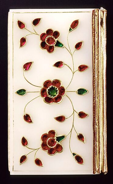 Qur'an Case, Nephrite jade (white, with slight greyish cast), inlaid with gold and set in kundan technique with rubies and emeralds