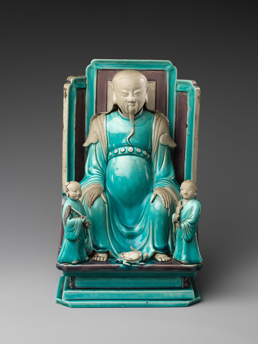 Daoist deity Zhenwu with two attendants, Porcelain with turquoise and aubergine glazes (Jingdezhen ware), China 