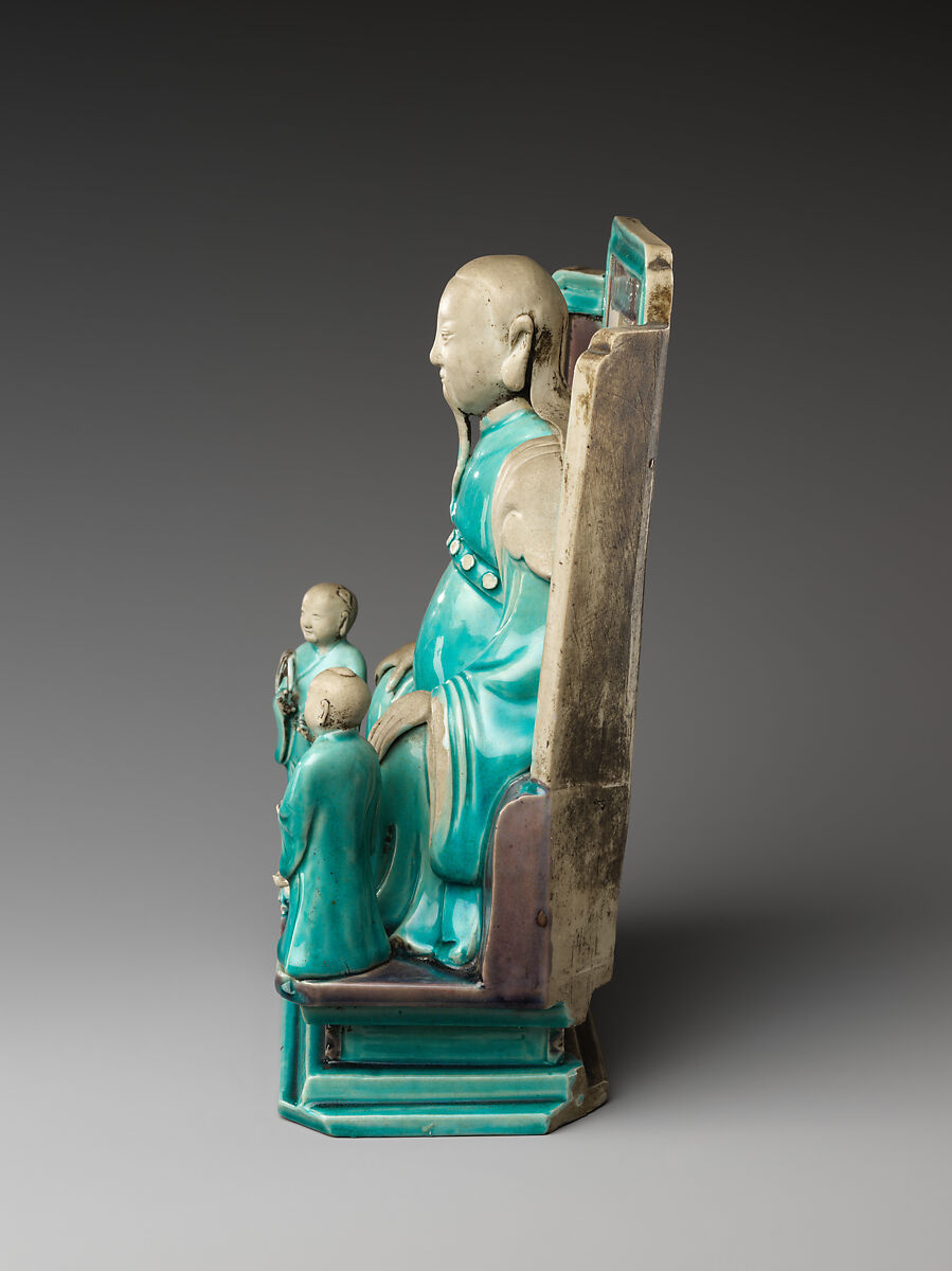 Daoist deity Zhenwu with two attendants, Porcelain with turquoise and aubergine glazes (Jingdezhen ware), China