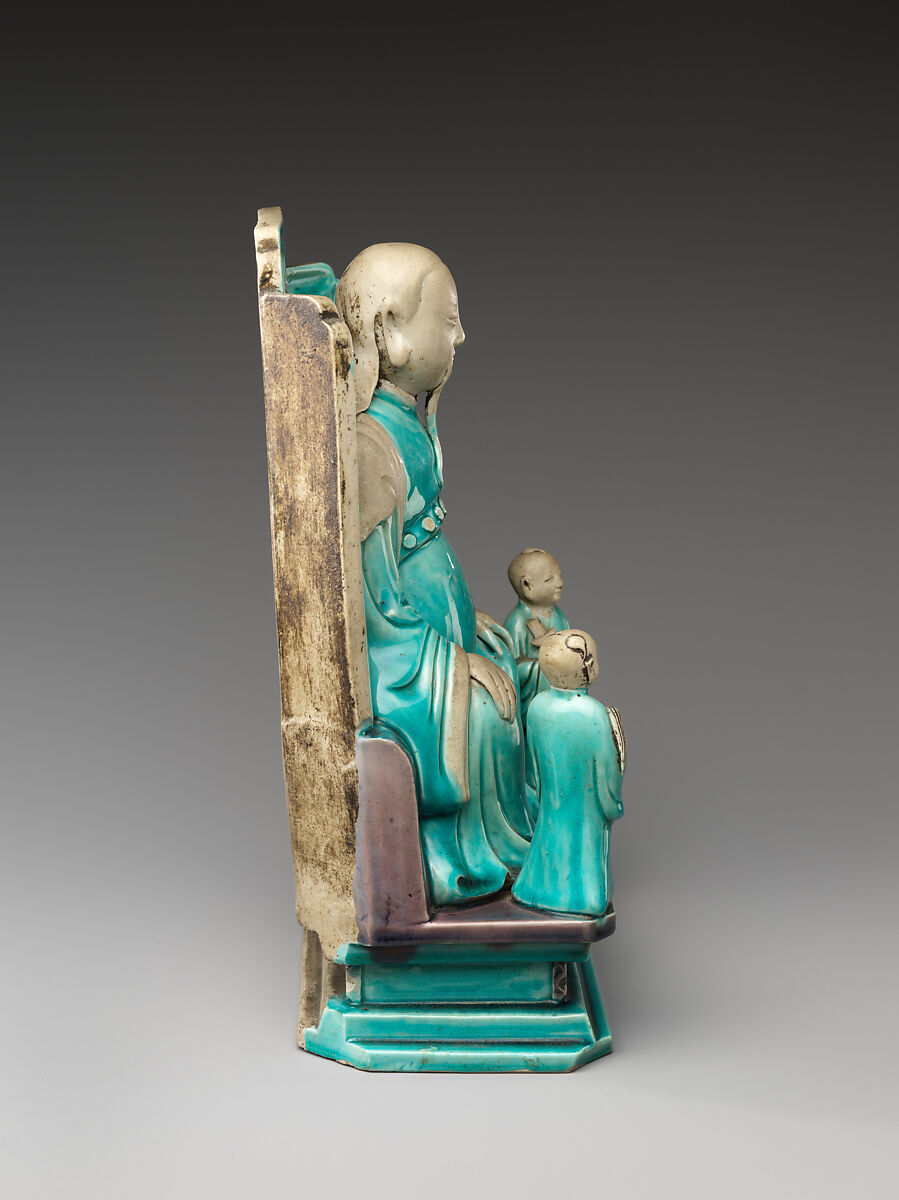 Daoist deity Zhenwu with two attendants, Porcelain with turquoise and aubergine glazes (Jingdezhen ware), China