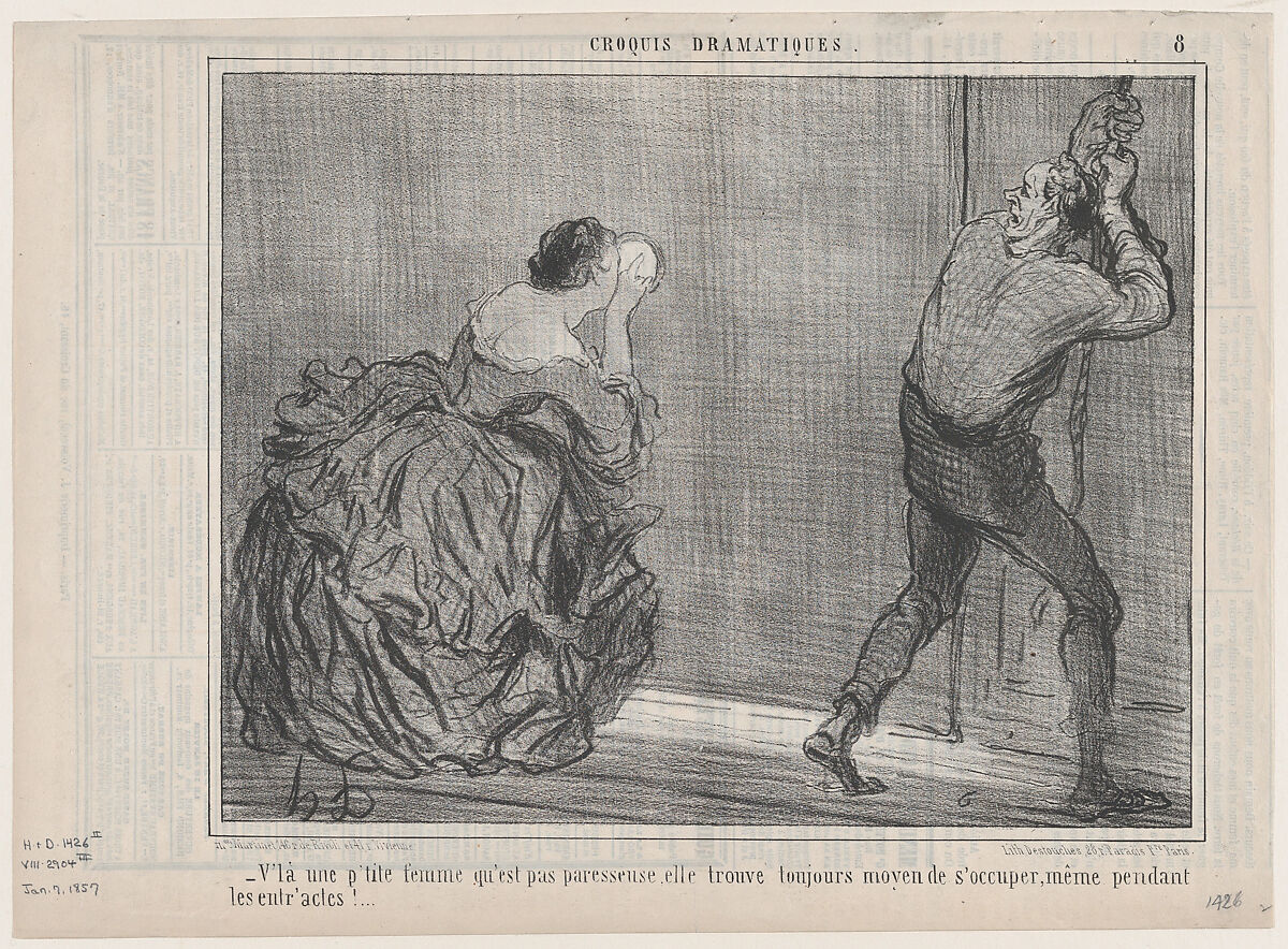 V'la une p'tite femme qu'est pas paresseuse..., from Croquis Dramatiques, published in Le Charivari, January 7, 1857, Honoré Daumier (French, Marseilles 1808–1879 Valmondois), Lithograph; third state of three (Delteil) 