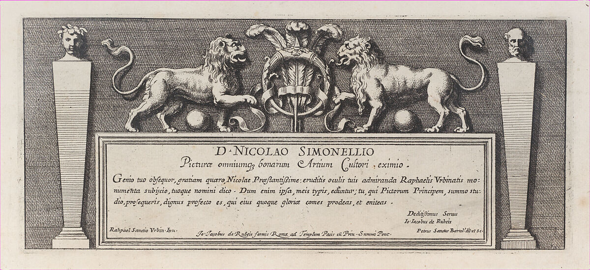 Title-page to a series of fifteen plates, with two lions over a scroll facing a ring rounded by three feathers, from a series of 15 plates depicting Raphael's works for the Vatican stanze and the Sistine Chapel tapestries, Pietro Santi Bartoli (Italian, Perugia 1615–1700 Rome), Etching 