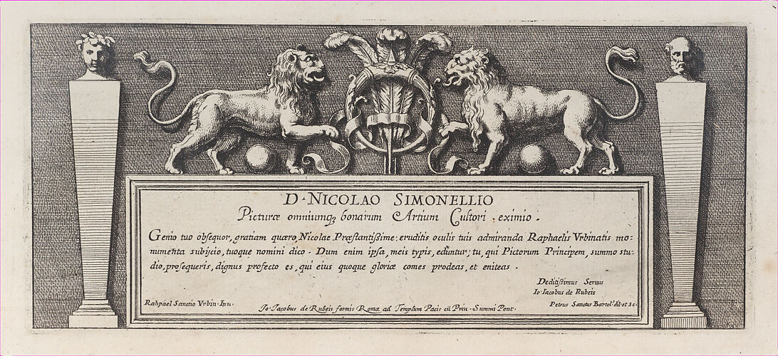 Title-page to a series of fifteen plates, with two lions over a scroll facing a ring rounded by three feathers, from a series of 15 plates depicting Raphael's works for the Vatican stanze and the Sistine Chapel tapestries