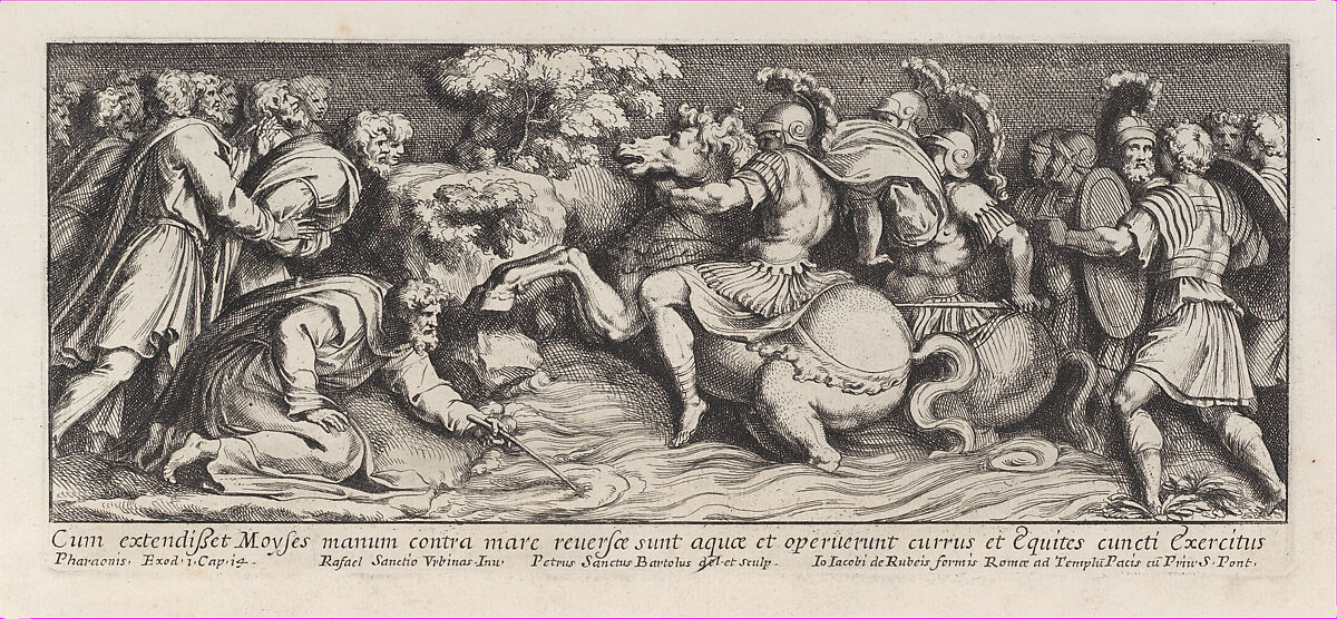 Moses parting the Red Sea as the Pharoah's army drowns, after Raphael's Stanza di Eliodoro, from a series of 15 plates, depicting Raphael's works for the Vatican stanze and the Sistine Chapel tapestries, Pietro Santi Bartoli (Italian, Perugia 1615–1700 Rome), Etching 