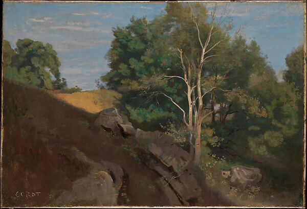 Fontainebleau: Group of Trees on the Flank of a Rocky Hillside, Camille Corot (French, Paris 1796–1875 Paris), Oil on canvas 