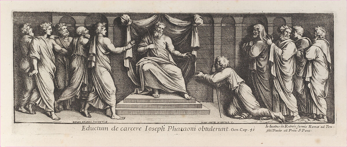 Joseph kneeling in front of the Pharoah, after Raphael's Stanza di Eliodoro, from a series of 15 plates, depicting Raphael's works for the Vatican stanze and the Sistine Chapel tapestries, Pietro Santi Bartoli (Italian, Perugia 1615–1700 Rome), Etching 